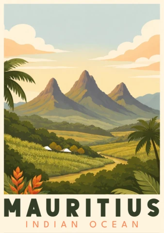 Vintage Landscape for Travel Posters Template Featuring Trois Mamelles Mountains of Mauritius