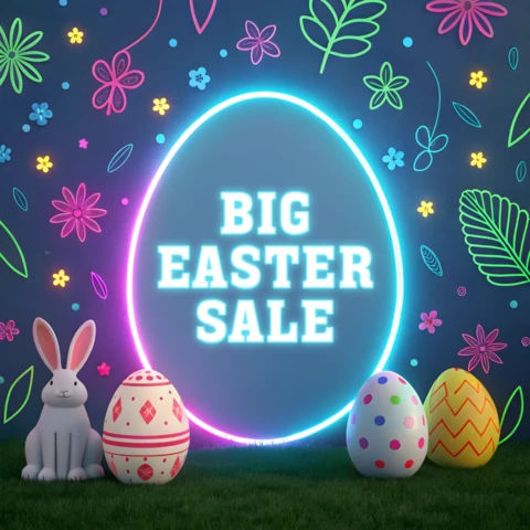 Plantilla de diseño de venta de Pascua de neón con huevos de colores y conejito