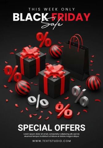 Festive Black Friday Sale Design Dark Background with Celebration Elements and Shopping Bag Accent Template for Promotional Flyers