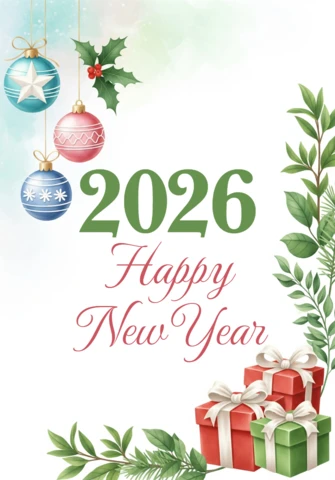 Akwafortowa kartka na szczęśliwy nowy rok 2026 z ozdobami, liśćmi ostrokrzewu i zapakowanymi prezentami na pastelowym tle