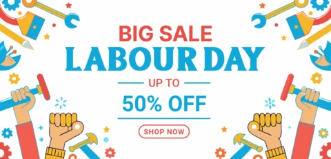 Modelo de design de promoção do Dia do Trabalho: estilo retrô colorido com descontos