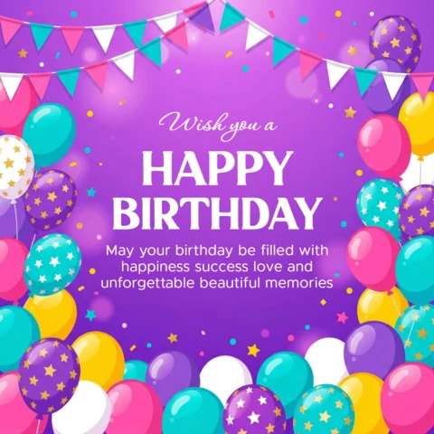 Pôster de feliz aniversário com fundo roxo, balões, bandeirinhas, confete e desejos alegres de aniversário.