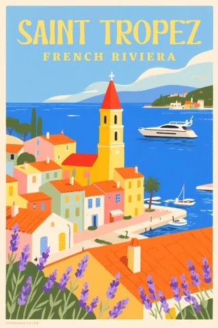 Plantilla de diseño de cartel de viaje vintage de Saint Tropez con pueblo costero y yate.