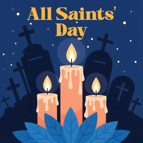 Velas derretidas con hojas azules y lápidas bajo un cielo estrellado, plantilla para el diseño de tarjetas de felicitación del Día de Todos los Santos.