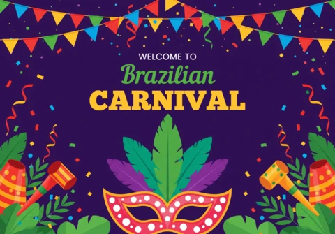 Brazilian Carnival Poster Purple Background with Mask, Maracas, Drums, and Festive Decorations