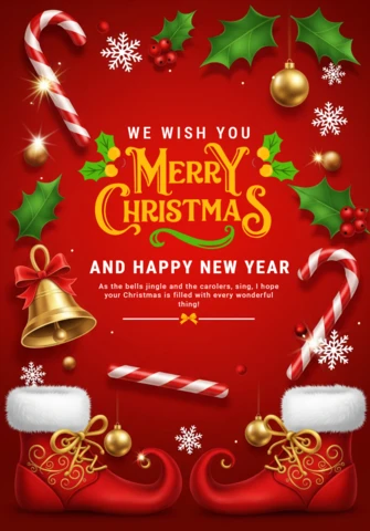 Christmas Greeting Card with Red Background, Holly Leaves, Candy Canes, Golden Bell, and Christmas Boots