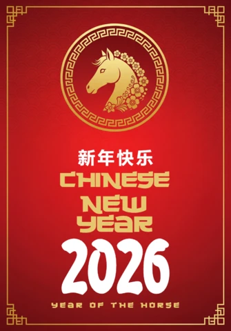 Plakat chińskiego nowego roku 2026 rok konia z złotym koniem w okrągłej ramie na czerwonym tle