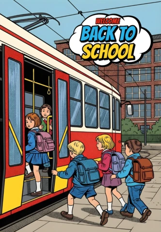 Retour à l'école, des étudiants montent dans un tram scolaire rouge et jaune avec un fond de campus en briques, modèle de design d'affiche.