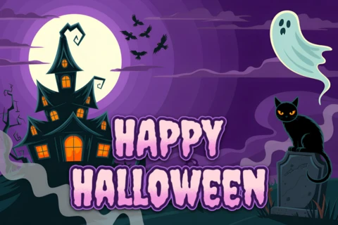 Modelo de design de Halloween assustador com casa assombrada, fantasma e gato para convites de festa.