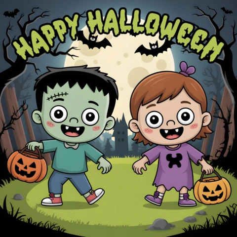 Cadılar Bayramı canavarı ve cadı ikilisi, ay ışığında ormanda jack-o'-lantern kovaları ile tasarım şablonu için festivaller için broşürler