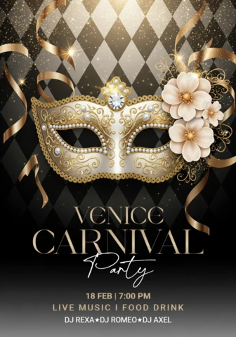 Venice Carnival Party Poster Ornate Gold Masquerade Mask with Pearls and Flowers On Diamond Background