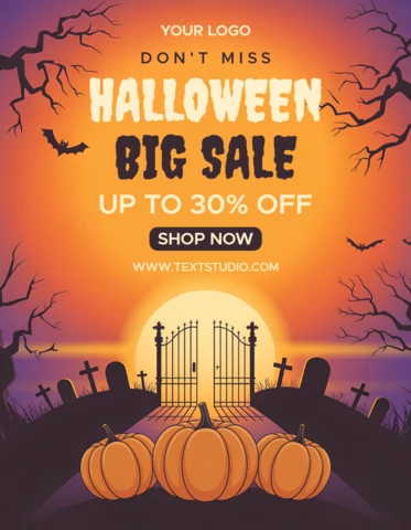Spooky Halloween Sale Template with Pumpkins and Graveyard Design for Flyers