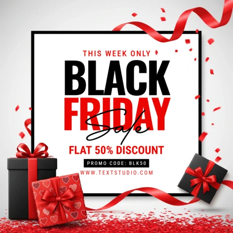 Bold Black Friday Poster Framed White Design with Red Confetti and Decorative Gift Elements Design Template for Promotional Flyers