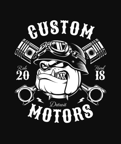 Modelo de design de camiseta com versão monocromática de bulldog motociclista