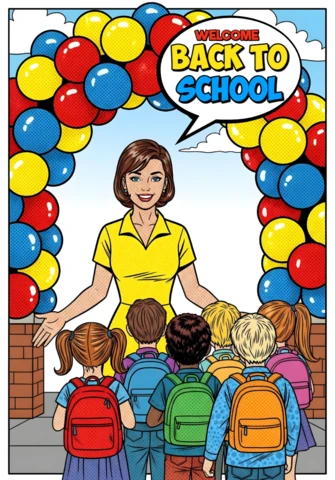 Ritorno a scuola studenti che arrivano sotto un arco di palloncini con un poster di benvenuto per insegnanti design template