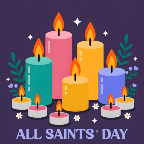 Cartão de saudação com design de velas coloridas do dia de Todos os Santos com folhas verdes e flores roxas em fundo escuro.