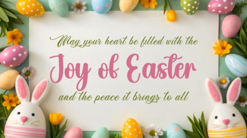 Modello di design floreale Joy of easter con elementi giocosi di uova e coniglietti