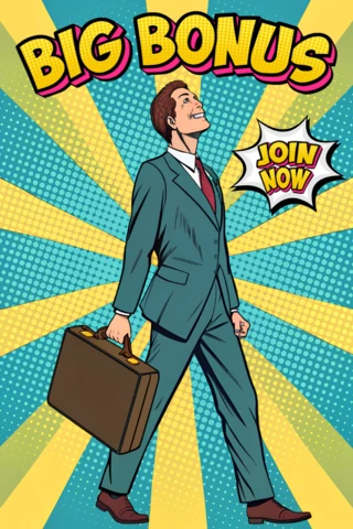 Plantilla de promoción de negocios de arte pop con traje y maletín para volantes
