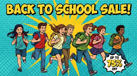 Biegnące dzieci szkolne w stylu komiksowym, sztuka wyprzedaży z okazji powrotu do szkoły z różnorodną grupą i projektem wybuchu zniżek do ulotek promocyjnych