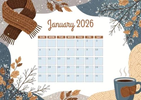 Cozy Winter Calendar Template with Scarf and Coffee Design for Printable Use
