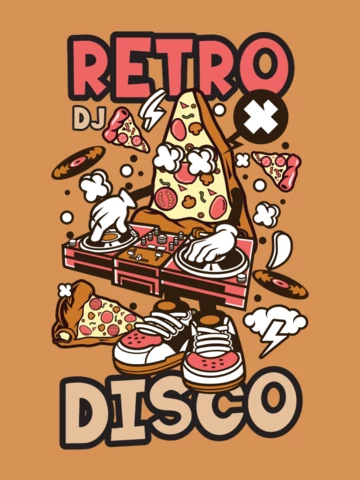 Retro Disco With Pizza Character T-shirt Design Template