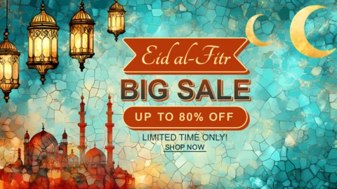 Modèle de vente pour l'Aïd al-fitr avec lanternes artistiques et mosquée en arrière-plan