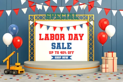 Festive Labor Day Sale Design Template with Colorful Banners and Balloons