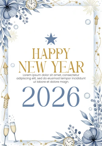 Neujahrswünsche Vorlage 2026 Aquarell-Design mit blau-goldenen Botanicals und Feierfunkeln