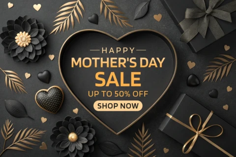Elegant Mother's Day Sale Design Template with Gold and Black Floral Elements