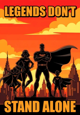 Les légendes ne se tiennent pas seules silhouette d'équipe de super-héros avec design de poster de paysage urbain au coucher du soleil.