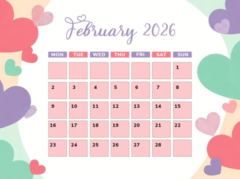 Colorful Heart Design Calendar Template for February 2026