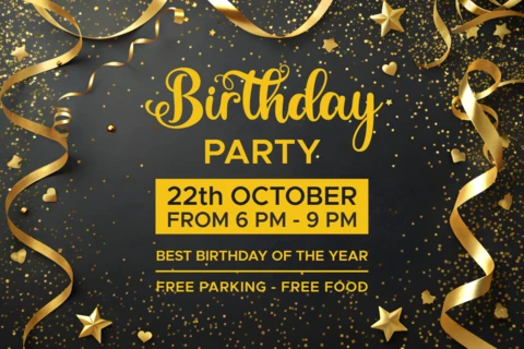 Elegant Birthday Party Invitation Template Design with Gold Accents