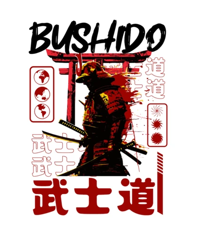Bushido Samurai with Dual Swords & Red Torii Gate T-Shirt Design Template