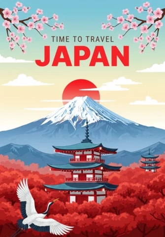 Tiempo de viajar a Japón cartel pagoda, monte Fuji, cerezos en flor y grulla en paisaje de otoño