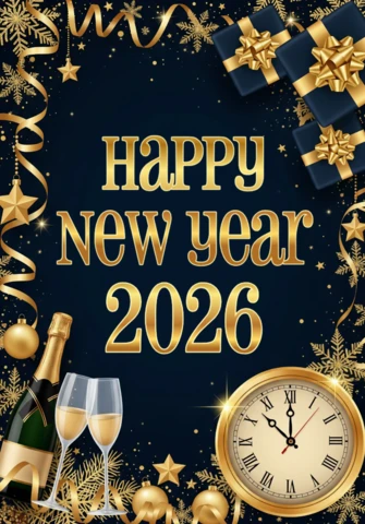 New Year Greeting Template Elegant 2026 Design with Gold Stars, Ribbons, and Celebration Accents