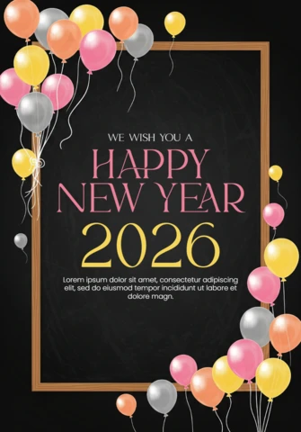 Modelo de desejos de Ano Novo 2026 com design em aquarela, confetes, balões e mensagem de celebração