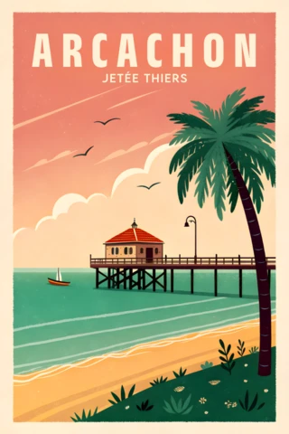 Retro Flat Fishing Hut Template with Pier and Palm Tree for Travel Posters