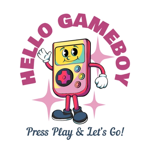 Bonjour t-shirt design template avec un personnage de console de jeu rétro gameboy apportant du plaisir nostalgique.