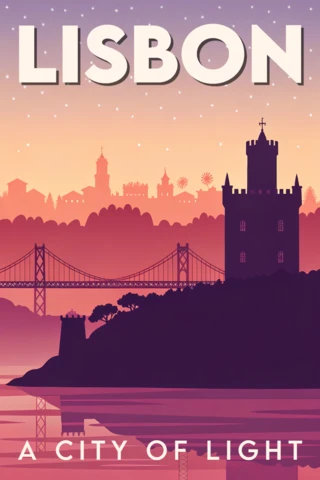 Modèle de design de paysage urbain de Lisbonne pour des affiches de voyage rétro en teintes roses.