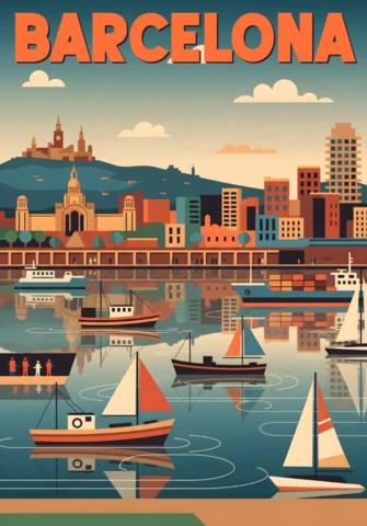 Barcelona City & Waterfront Sailboats, Skyline & Architectural Blend Travel Posters Design Template