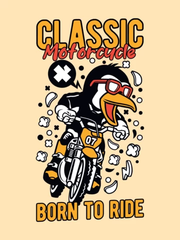 Modèle de conception de t-shirt classique de pilote de pingouin de moto