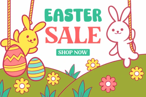 Colorful Easter Sale Design Template with Cute Bunnies and Eggs