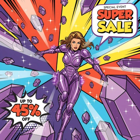 Super sprzedaż komiksowy styl latającej bohaterki z fioletowym zbroi wzór szablonu do ulotek promocyjnych