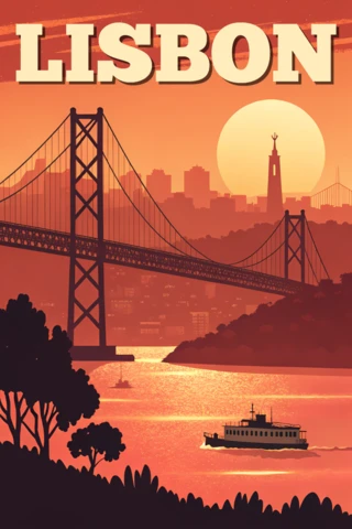 Lisbon Sunset On The 25th April Bridge Design Template for Travel Posters