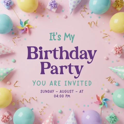 Birthday Greeting Poster Red Background with Balloons, Confetti, Cakes, and Festive Party Celebration Theme
