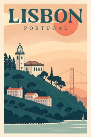 Modèle d'affiche de voyage vintage de Lisbonne, Portugal, avec un paysage pittoresque