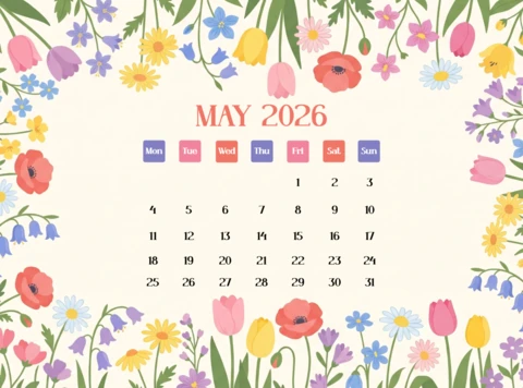 May 2026 Calendar Poster with Cheerful Floral Border and Tulips, Daisies, and Poppies