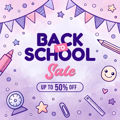 Back to School Sale Design Template with Fun School Supplies and Playful Watercolor Style for Flyers