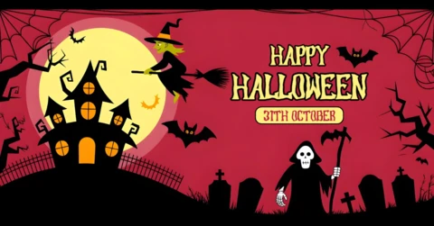 Modello di copertura per Facebook con scena di casa infestata da Halloween, strega volante, mietitore e luna piena.