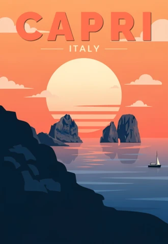 Cartaz de viagem vintage de Capri, Itália, com design de pôr do sol e paisagem costeira.